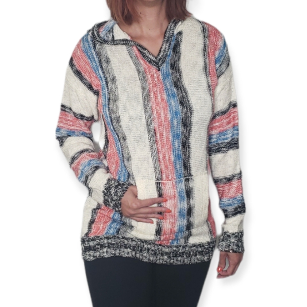 Baja Style Striped Beach Pull Over Sweater with Hood Size S